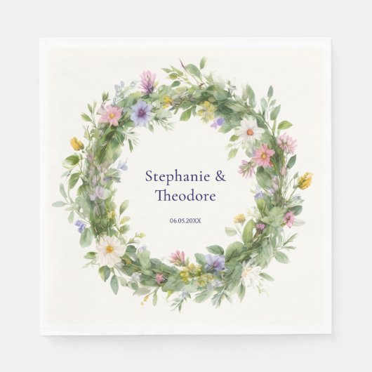 Rustikale Boho-Wasserfarben-Blumen Hochzeit mit in Serviette (Vorderseite)