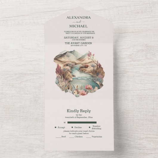 Rustikale Boho Wasserfarbenhochzeit All In One Einladung (Innen Boden)