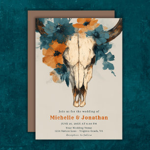 Rustikale Boho Western Cow Skull Floral Wedding Einladung