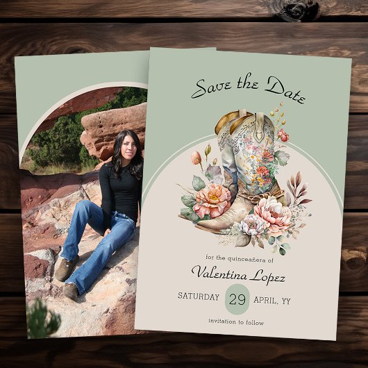Rustikale Boho-Western-Stiefel Blumenfoto Save The Date