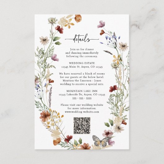 Rustikale Boho Wildblume Details Begleitkarte (Vorderseite)