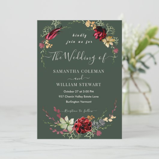 Rustikale Boho Wildblume Elegant Dark Green Weddin Einladung (Stehend Vorderseite)
