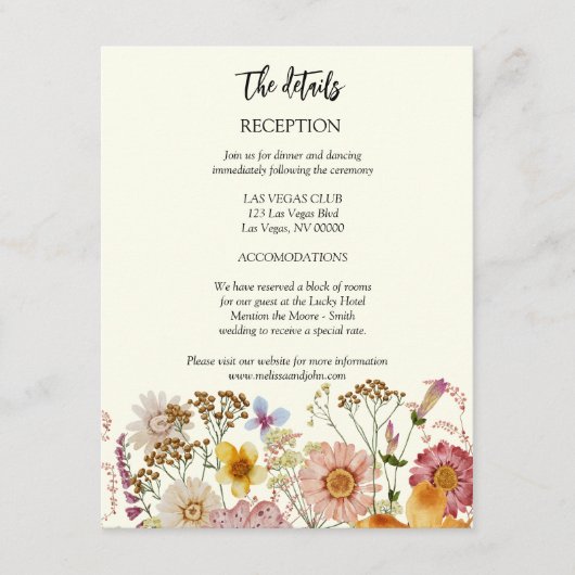 Rustikale Boho Wildblume Hochzeitdetails Begleitkarte (Vorderseite)