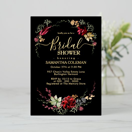 Rustikale Boho Wildblume Modernes Schwarzes Brautp Folieneinladung (Stehend vorne)