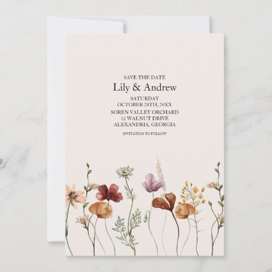 Rustikale Boho-Wildblume Save the Date Einladung (Vorderseite)