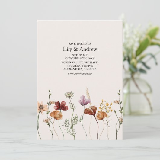 Rustikale Boho-Wildblume Save the Date Einladung (Stehend Vorderseite)