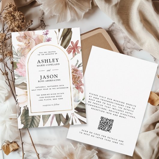 Rustikale Boho-Wildblumen Hochzeit mit QR-Code Einladung