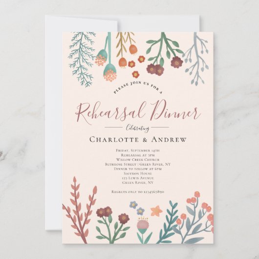 Rustikale Boho Wildblumen Hochzeit Rehersal Einladung (Vorderseite)