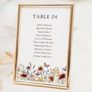 Rustikale Boho-Wildblumen-Namen Tischnummer