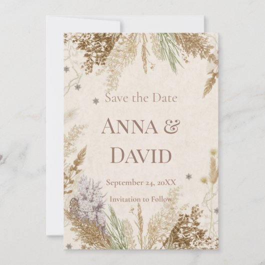 Rustikale Boho-Winter-Save-the-Date-Karte mit Pamp Einladung (Vorderseite)