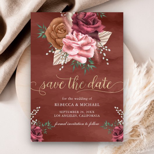Rustikale Boho-Zimtrose Florale Hochzeit Save The Date