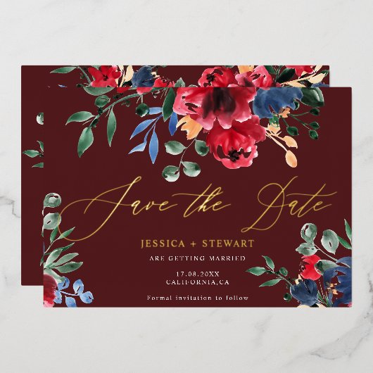 Rustikale Bordeaux-Hochzeit mit Blumenzwiebeln ret Folieneinladung (Vorderseite/Rückseite)