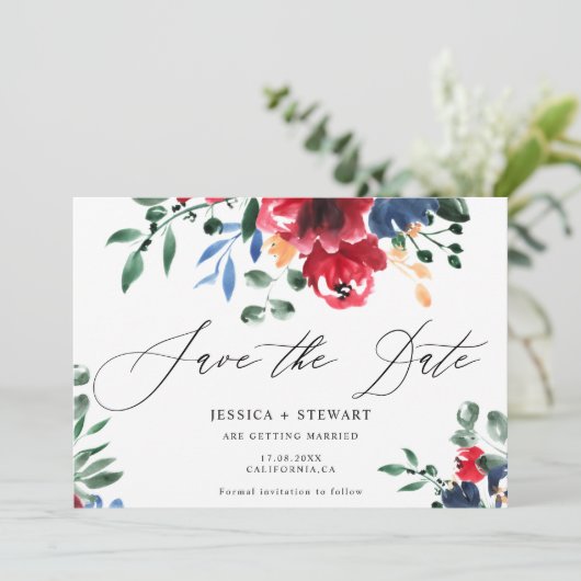 Rustikale Bordeaux-Hochzeit mit Blumenzwiebeln ret Save The Date (Stehend Vorderseite)