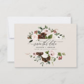 Rustikale Bordeaux-Hochzeit, rosa, grüne Blütenhoc Save The Date (Vorderseite)