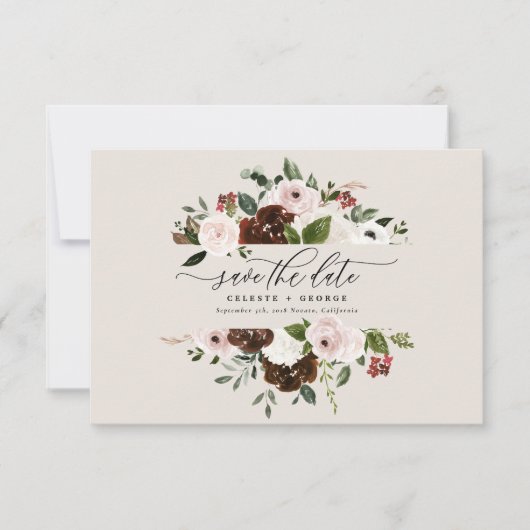 Rustikale Bordeaux-Hochzeit, rosa, grüne Blütenhoc Save The Date (Vorderseite)