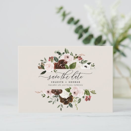 Rustikale Bordeaux-Hochzeit, rosa, grüne Blütenhoc Save The Date (Stehend Vorderseite)