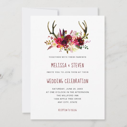 Rustikale bordeauxfarbene Blumengestelle Hochzeit Einladung (Vorderseite)