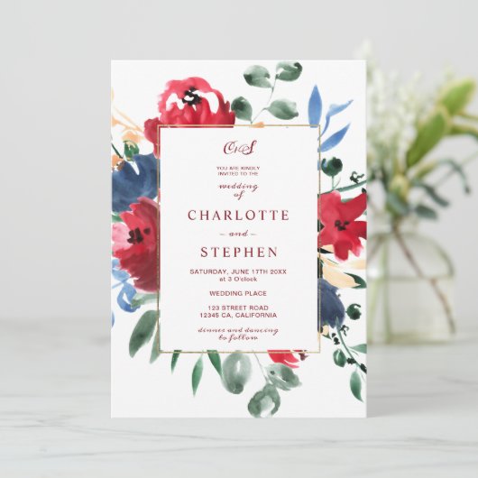 Rustikale bordeauxfarbene Goldhochzeit Einladung (Stehend Vorderseite)