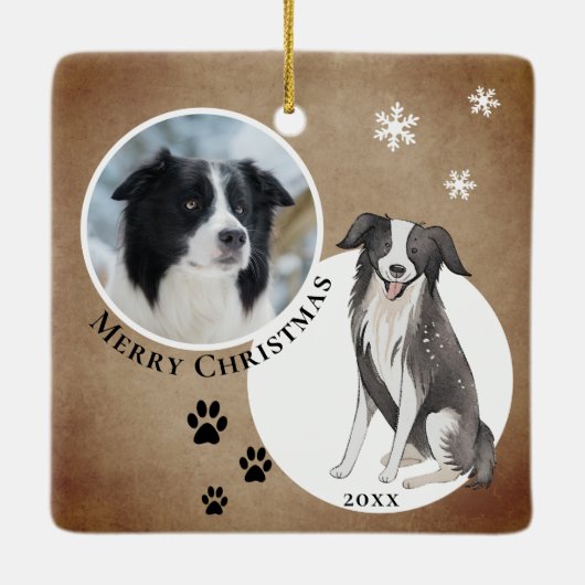 Rustikale Border Collie Zeichnend Paw frohe Weihna Keramikornament (Rückseite)