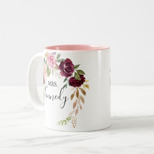 Rustikale botanische Blätter Frau Newlywed Bride Zweifarbige Tasse (Vorderseite Links)