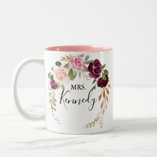 Rustikale botanische Blätter Frau Newlywed Bride Zweifarbige Tasse (Links)