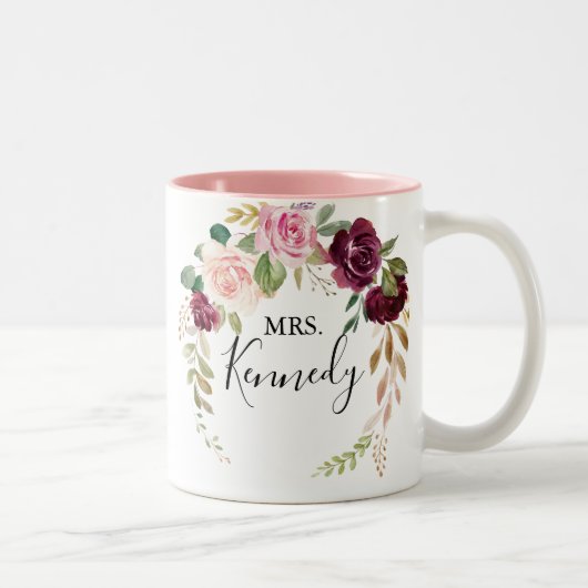 Rustikale botanische Blätter Frau Newlywed Bride Zweifarbige Tasse (Rechts)