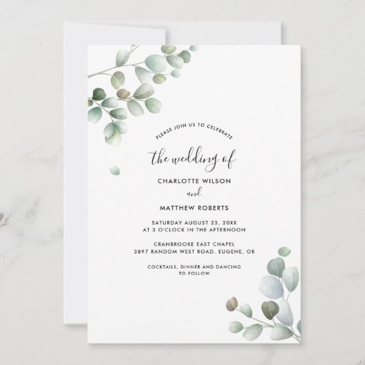 Rustikale Botanische Eukalyptus-Foliage Einladung (Vorderseite)