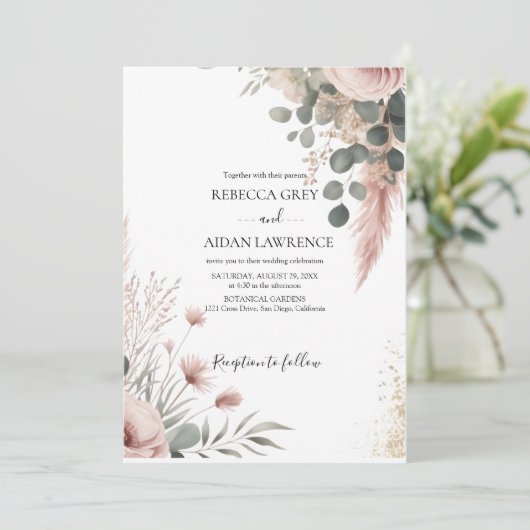 Rustikale botanische Eukalyptus-Grün-Hochzeit Einladung (Stehend Vorderseite)