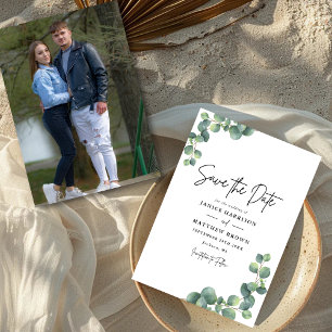 Rustikale Botanische Eukalyptus-Grünpflanzen-Foto- Save The Date