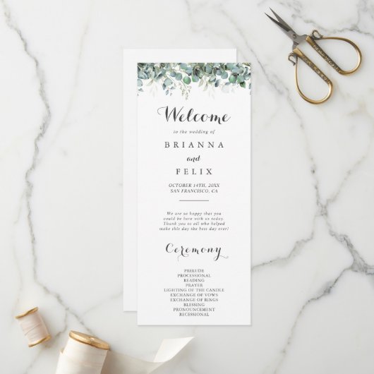 Rustikale botanische Eukalyptus-Grünzeug-Hochzeit Programm (Vorderseite/Rückseite Beispiel)