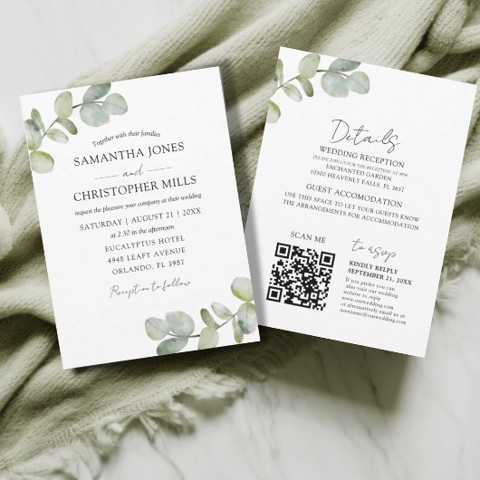 Rustikale Botanische Eukalyptus-QR-Code-Hochzeit Einladung
