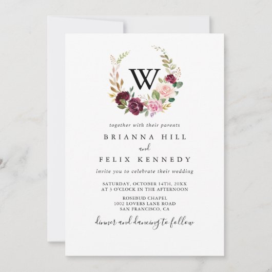 Rustikale botanische Foliage Monogram Wedding Einladung (Vorderseite)