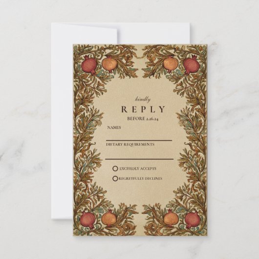 Rustikale Botanische Granatapfel-Hochzeit RSVP Karte (Vorderseite)