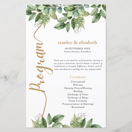 Rustikale Botanische Grün- und Goldfolienhochzeit (Vorderseite)