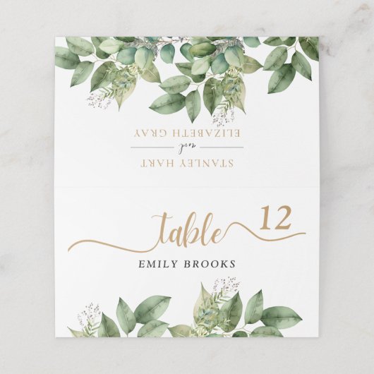 Rustikale Botanische Grün- und Goldfolienhochzeit Platzkarte (Außenseite Aufgefaltet)