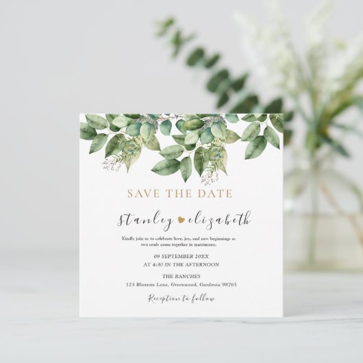 Rustikale Botanische Grün- und Goldfolienhochzeit Save The Date (Stehend Vorderseite)