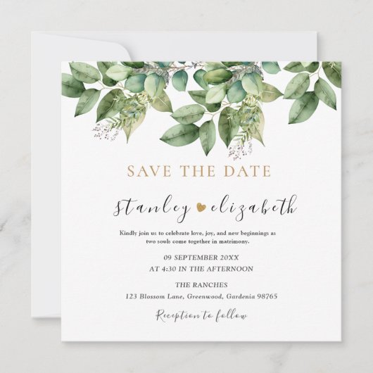Rustikale Botanische Grün- und Goldfolienhochzeit Save The Date (Vorderseite)