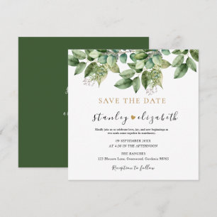 Rustikale botanische grüne und goldene Hochzeit Save The Date
