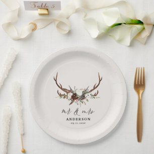 rustikale botanische Hochzeit r und mrs script Pappteller