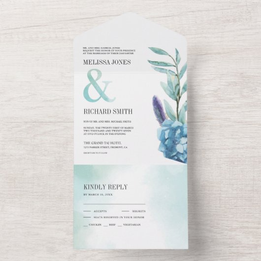 Rustikale Botanische Hochzeit von Blauer Flora All In One Einladung (Innen Boden)