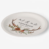 rustikale botanische Hochzeitsschrift für die Rüst Pappteller (Schrägansicht)