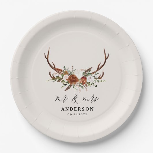 rustikale botanische Hochzeitsschrift für die Rüst Pappteller (Vorderseite)