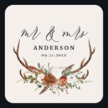 rustikale botanische Hochzeitsschrift für die Rüst Quadratischer Aufkleber<br><div class="desc">Rustic Floral and Stag Antlers Wedding Design. With beautiful rust,  terracotta,  blush pink and sage green pampas grass eucalyptus watercolor details. This modern wedding design is sure to set the style for your big day.</div>