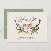 Rustikale Botanische Jungzeit elegantes Weißengrün Ankündigungspostkarte (Vorne/Hinten)