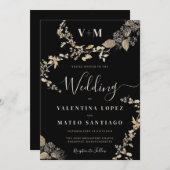 Rustikale Botanische Monogramm-Schwarze Hochzeit Einladung (Vorne/Hinten)