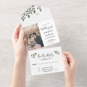 Rustikale botanische monogrammierte Foto-Hochzeit All In One Einladung