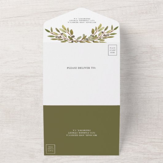 Rustikale Botanische Olive Branch Hochzeit All In One Einladung (Außenbereich)