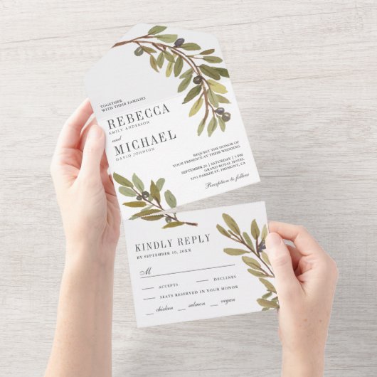 Rustikale Botanische Olive Branch Hochzeit All In One Einladung (Abreißen)