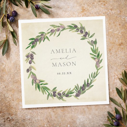 Rustikale botanische Oliven-Kranz-Hochzeitsserviet Serviette