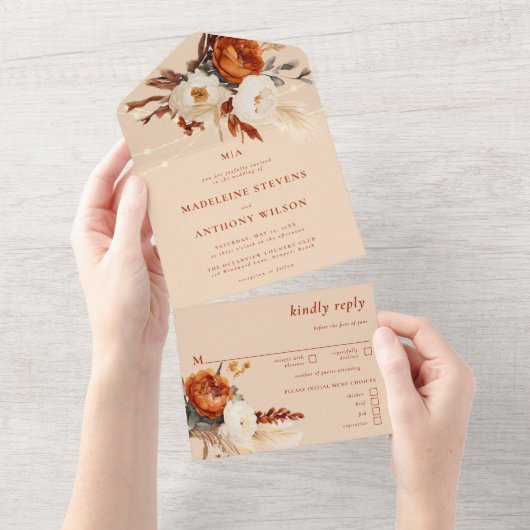 Rustikale botanische Pampas Fall Boho Hochzeit All In One Einladung (Abreißen)